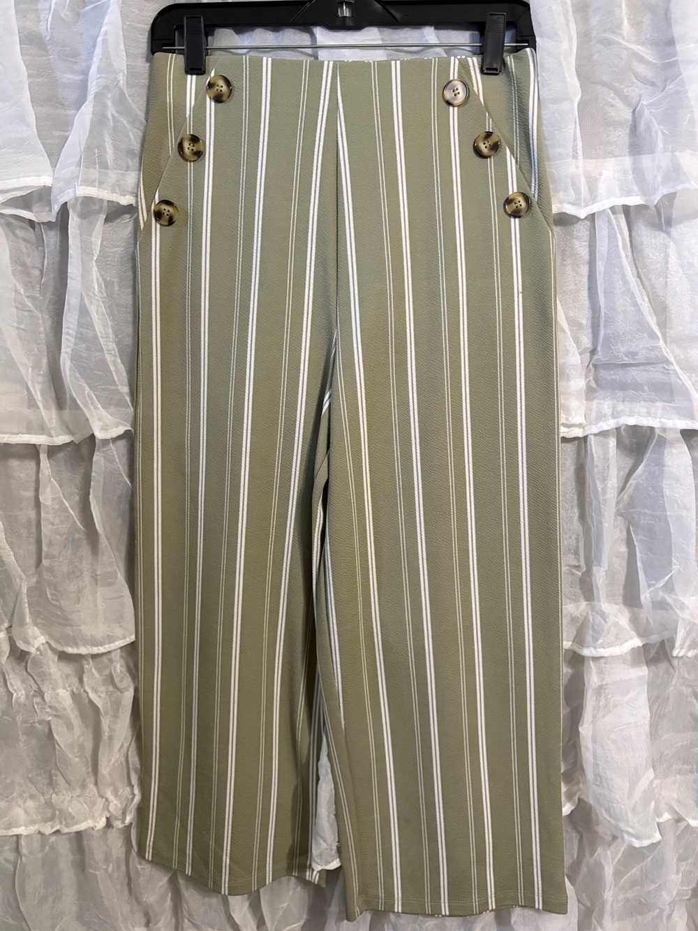 Olive Stripe Wide-Leg Button Detail Pants